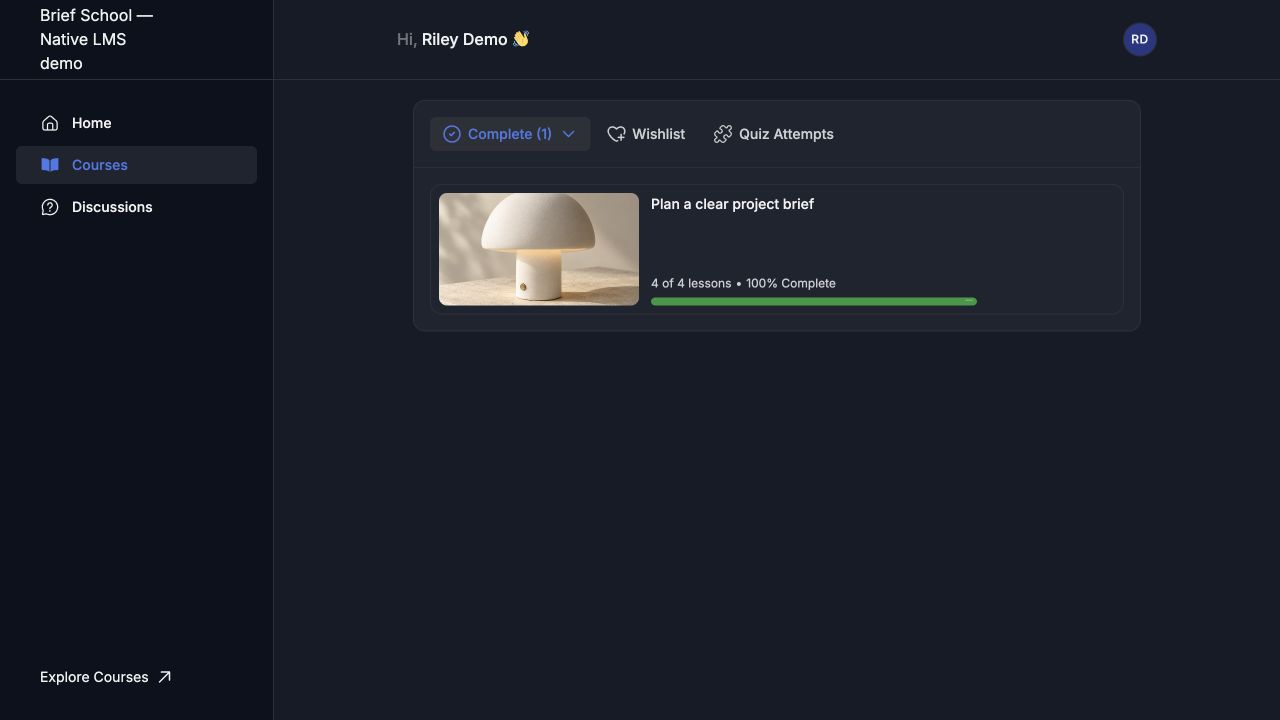 Real Tutor learner dashboard with the completed course