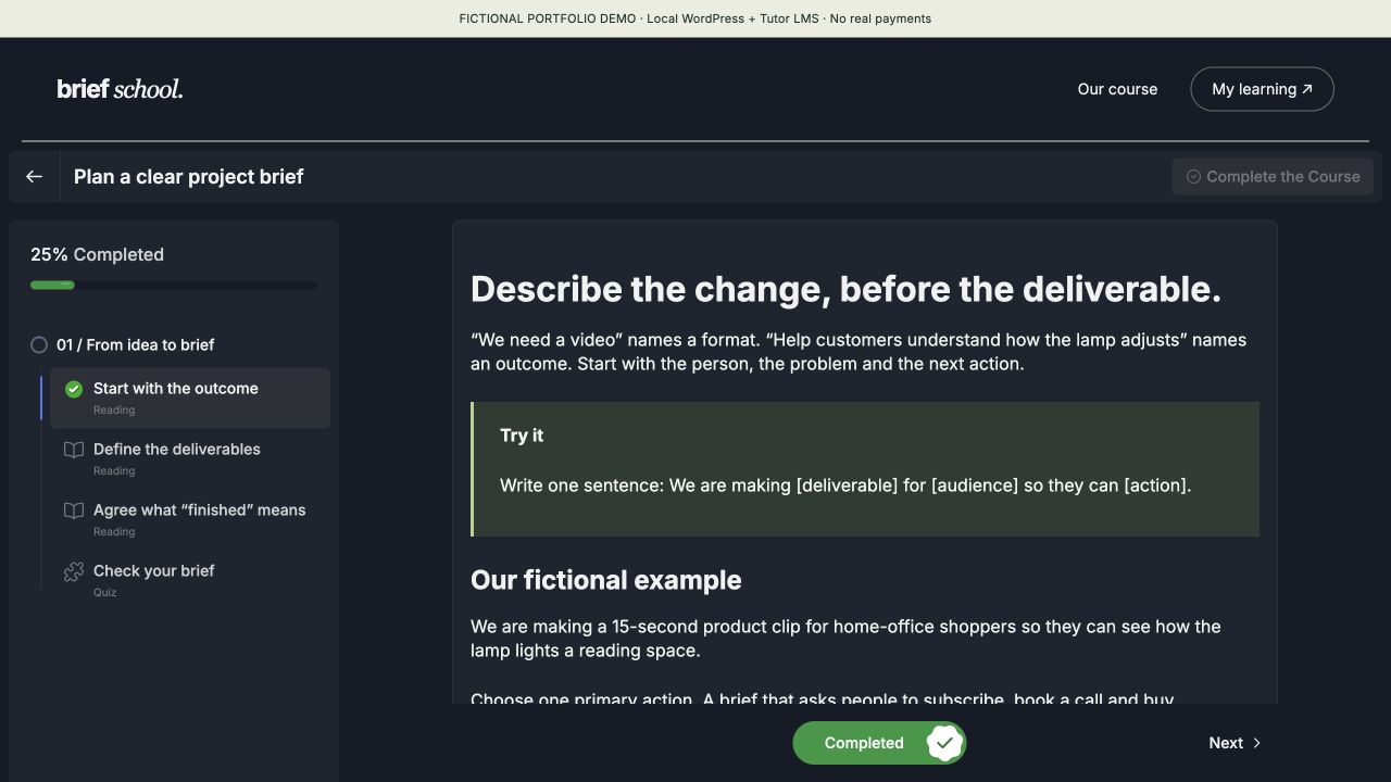 Native lesson player showing the saved 25 percent progress