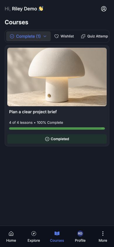 Actual 390 pixel learner card showing the completed course