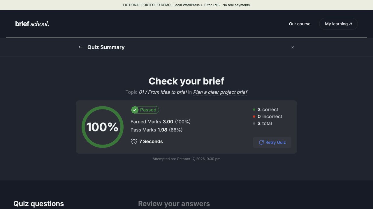 Native quiz result with three correct answers and 100 percent score