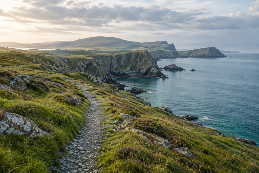 A gravel path across a green coastal headland above a calm teal sea.