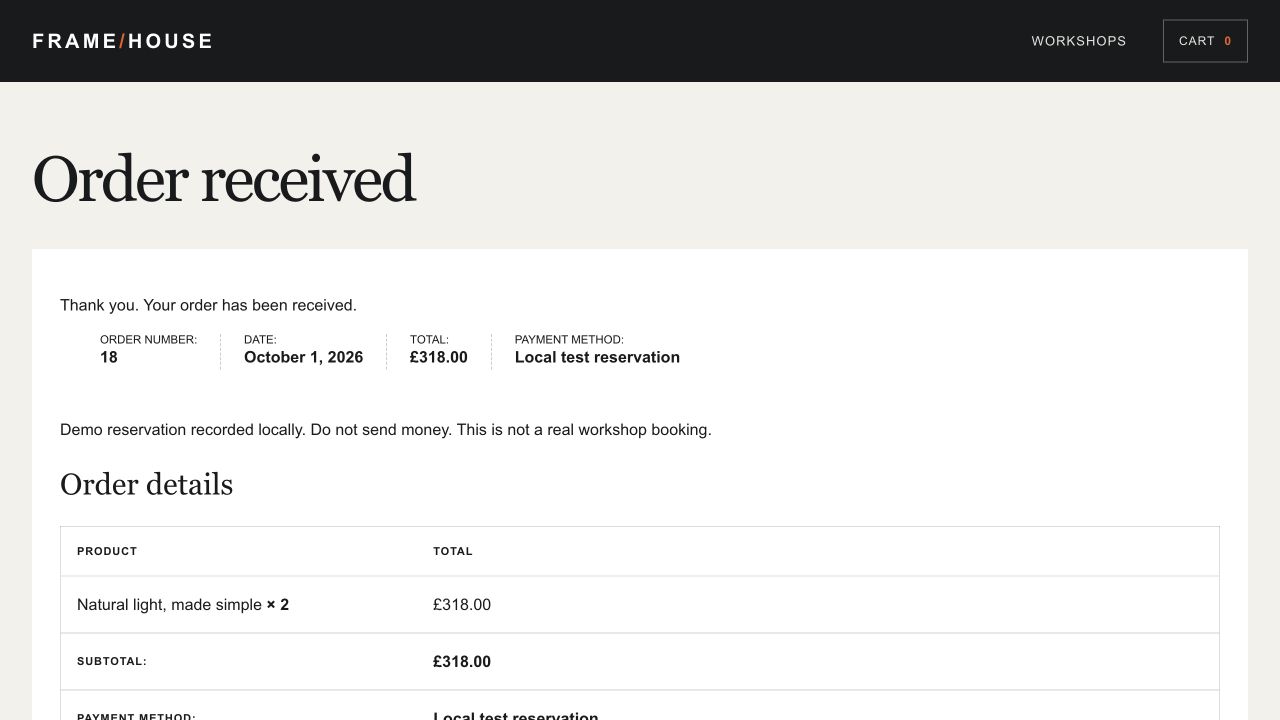 Local order confirmation for a manual test reservation