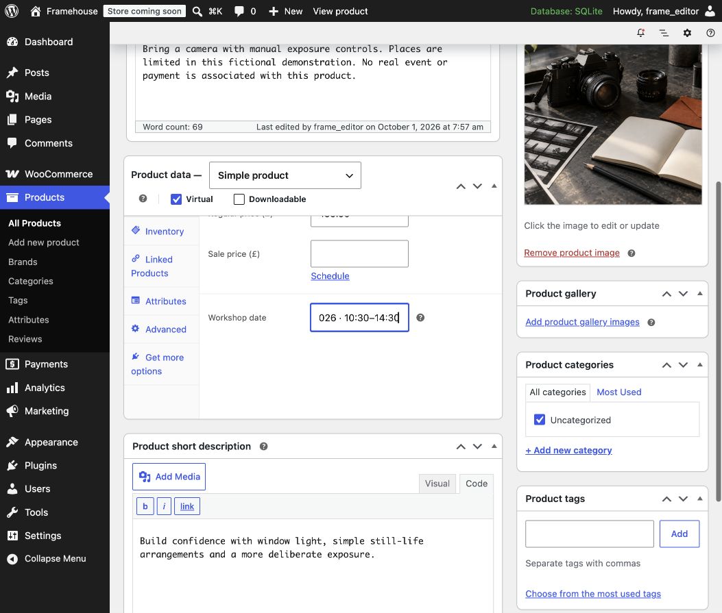 WooCommerce product editor showing a virtual workshop, editable workshop date, image and product description