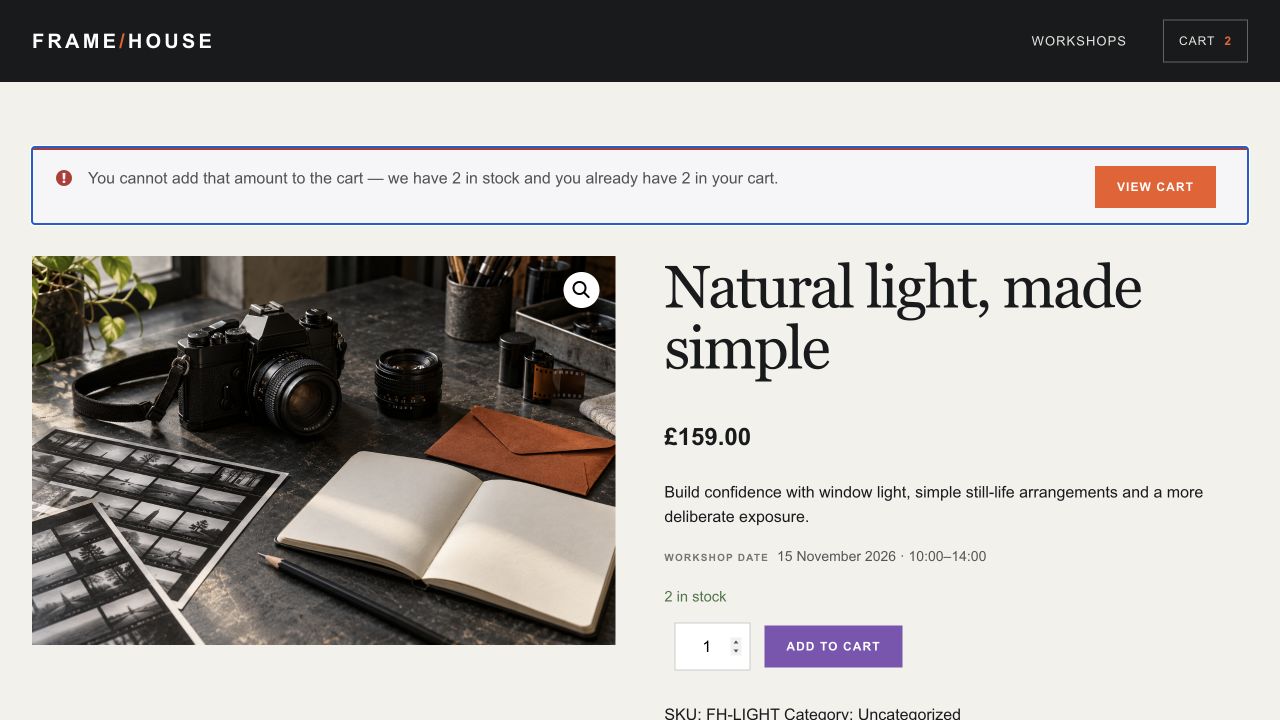 WooCommerce cart showing a stock limit message
