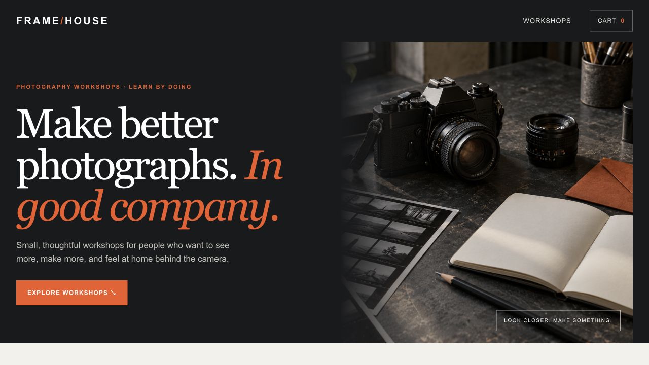 Screenshot of the Framehouse photography workshop storefront