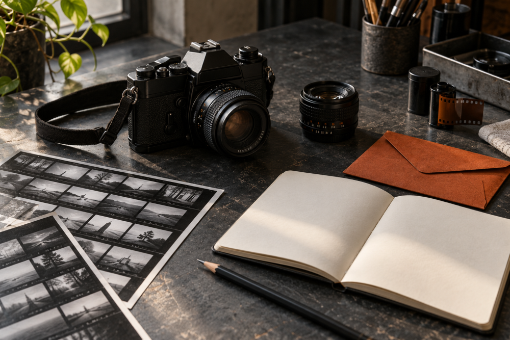 An analogue camera, lens and photographic prints on a studio workbench