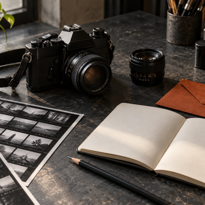 An analogue camera, lens and photographic prints on a studio workbench