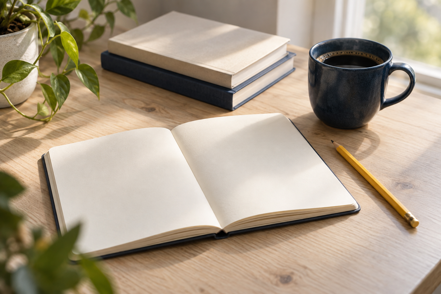 A bright editorial desk with an open notebook, pencil, and loose pages