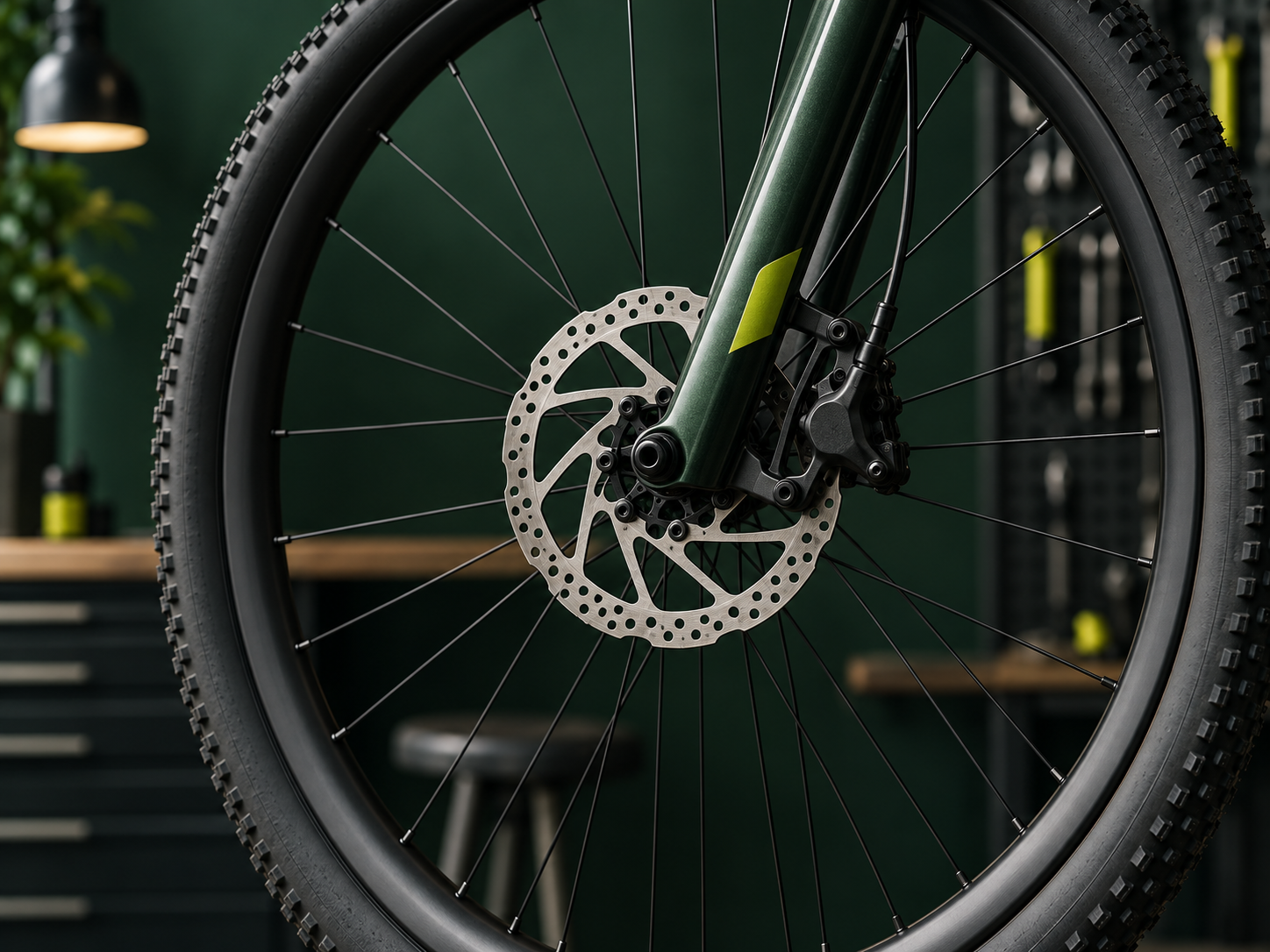 Close-up of a bicycle’s front wheel and fork in a workshop