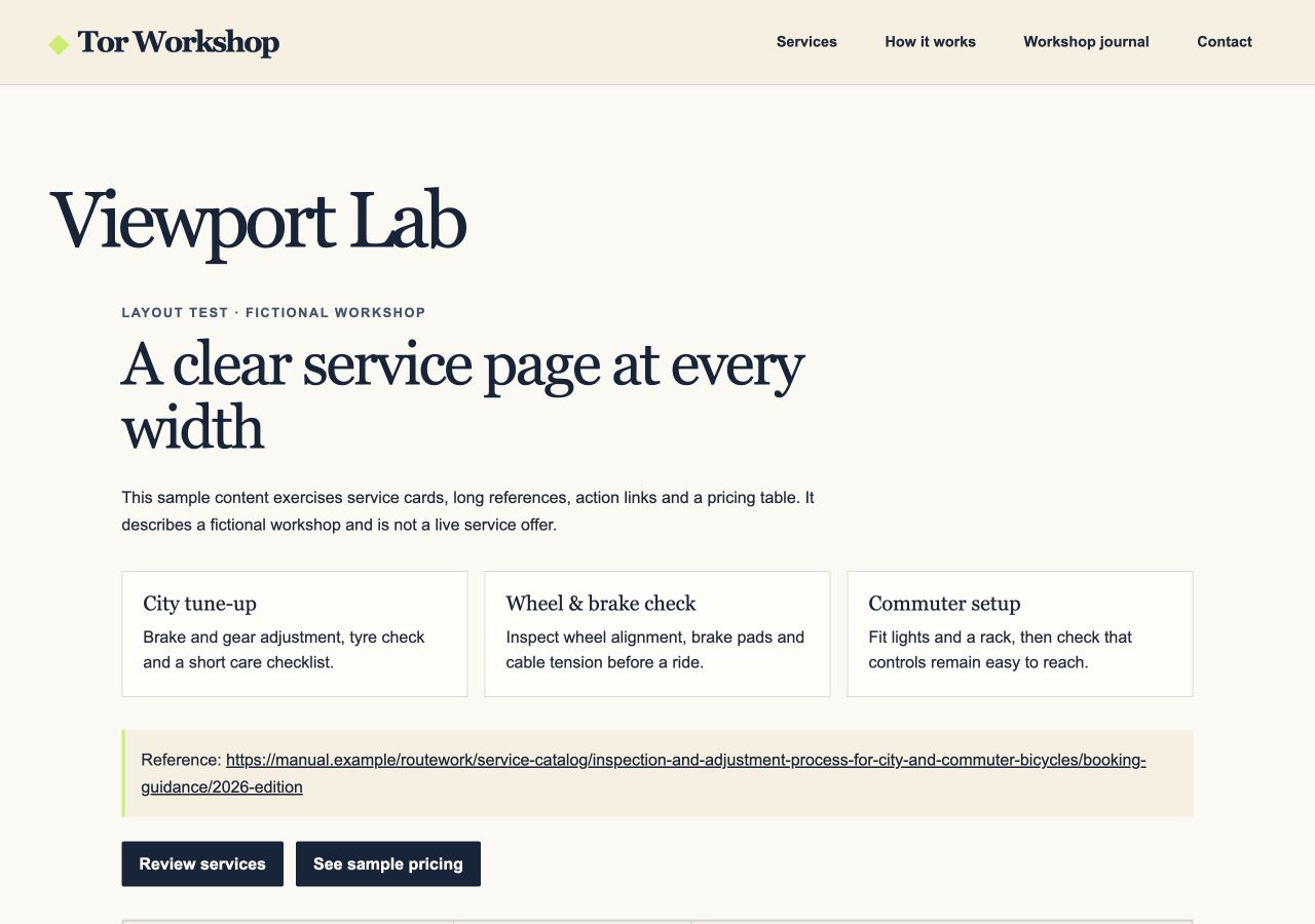 Actual WordPress fixture after the Tor Viewport responsive child-theme patch, shown at desktop width