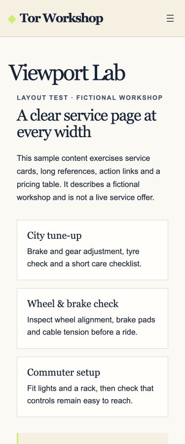 Actual WordPress fixture after the responsive repair at a 375 pixel viewport