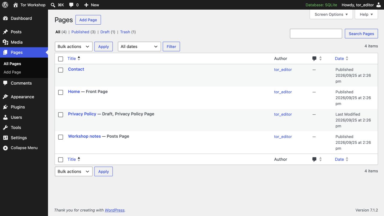 Actual screenshot of the WordPress Pages list for the local Tor Workshop demo