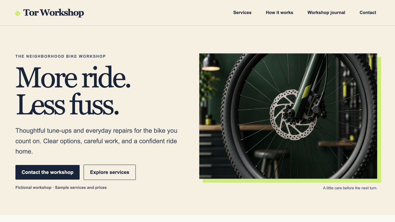 Actual screenshot of the Tor Workshop homepage running in the local WordPress site
